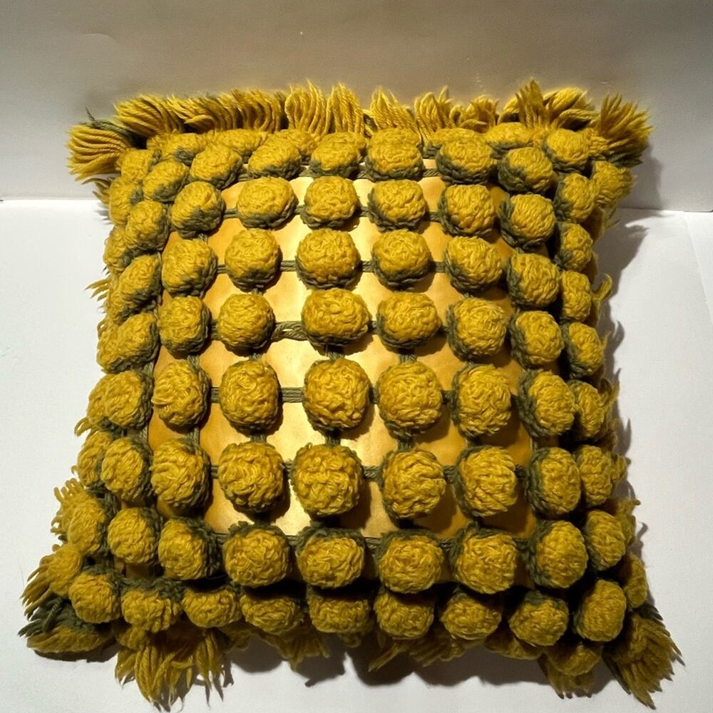 Retro yellow and green Pom Pom knitted pillow